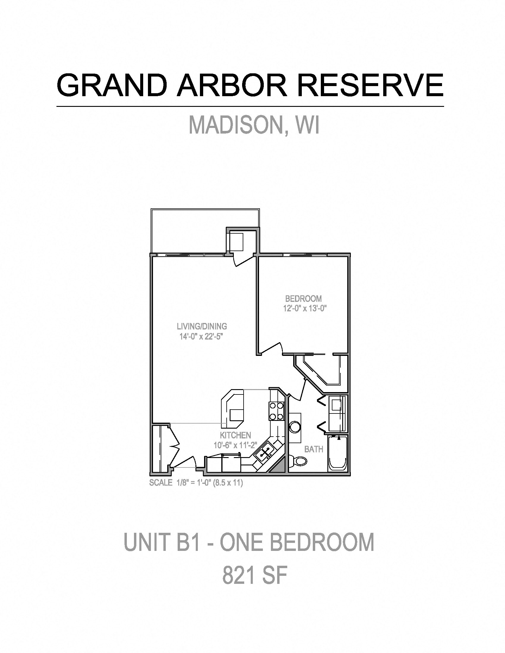 Floor plan for 1 bed, 1 bath, 821 sqft
